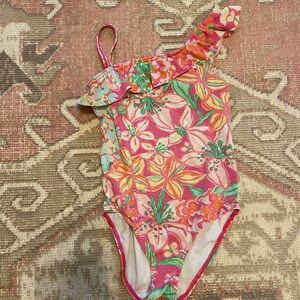 Lilly Pulitzer Girls 5 Floral One Piece Swimsuit Ruffle One Shoulder Pink